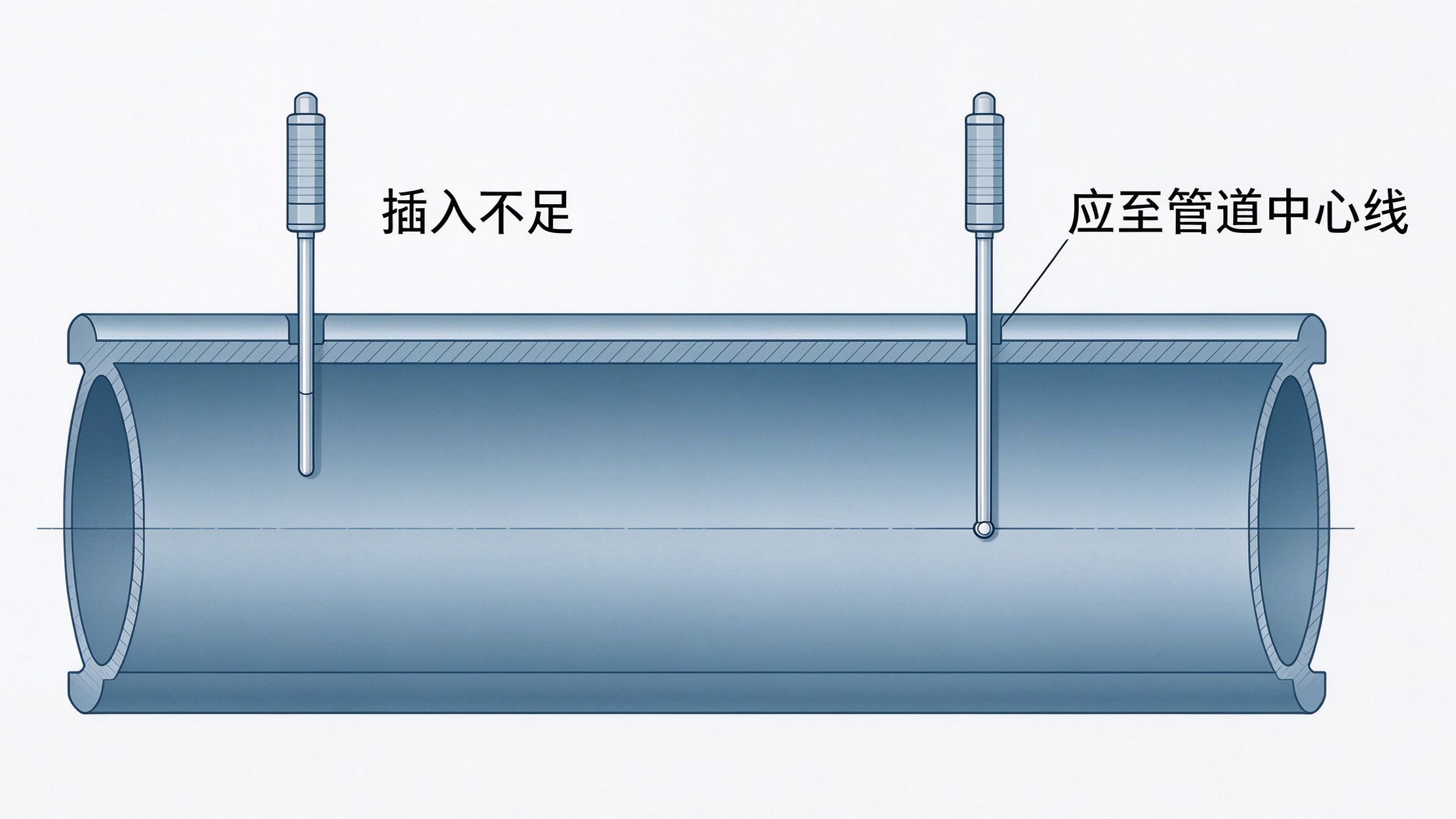 PT100温度传感器插入深度不足与保温破损示意图，展示正确与错误安装对比